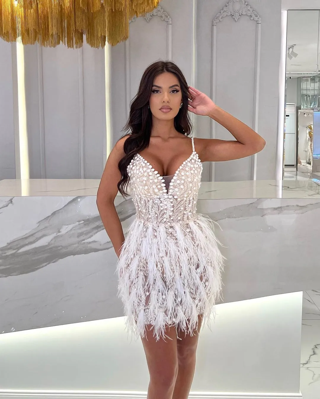 Chic Backless White Cocktail Dress with Feather Skirt Short Homecoming Party Dress