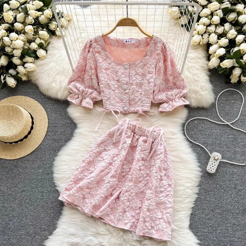 Work Dresses Fashion Lace-up Hook Flower Suit Women's Summer Short-sleeved Short Single-breasted Top High-waisted Skirt Two-piece Trendy