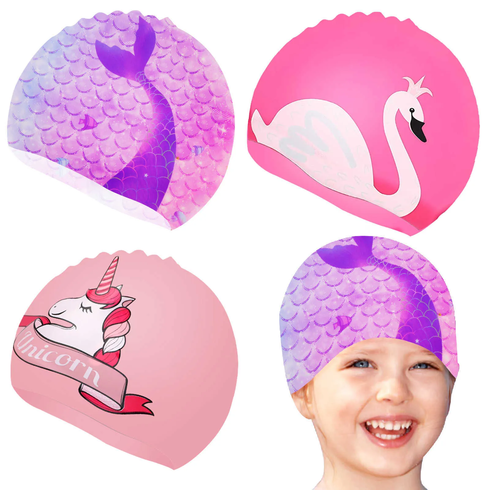 Cute Girl Waterproof Silicone Childs Swimming Cap For Kids Elastic Swim Pool Cap, Beanie, Diving