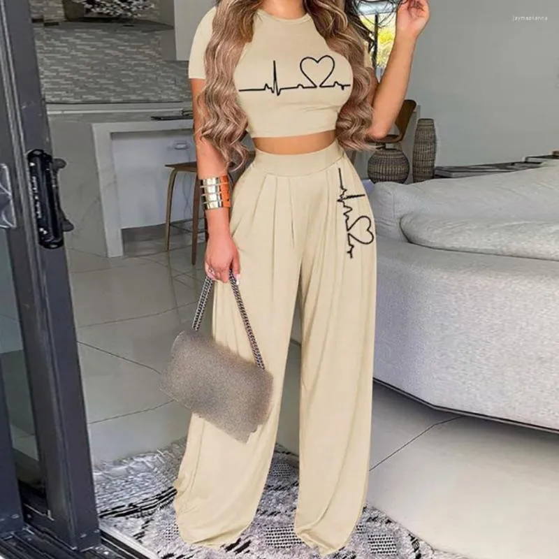 Women's Two Piece Pants Summer Top Set Simple ECG Print Elastic Waist Women Sweatpants Pullover Loose T-shirt Trousers