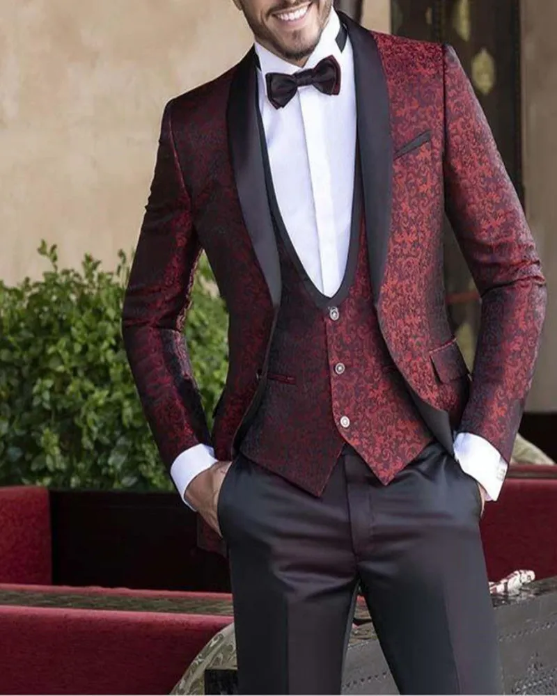 Мужские костюмы Blazers Burgundy Jacquard Men Свадебные смокинги черная шаль отвороты One Button Groom Tuxedos Мужские свадьбы/ужин/Darty Dress Juperkpantstie 230509