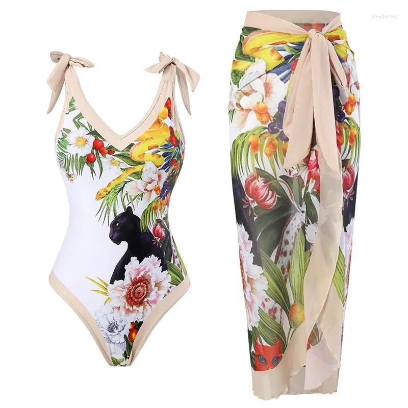 Dameszwemkleding 2023 Bloemenprint Twee stukken zwempak met rok Dames retro vakantie Bowknot Monokini Beach Dress Cover Up Bathing Suit