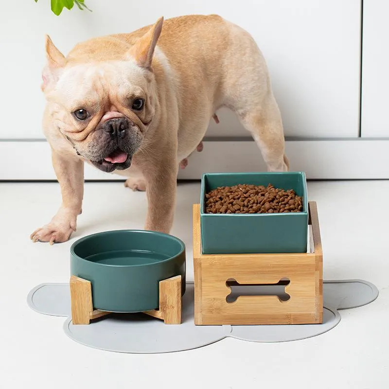 Feeding Dog Food Water Bowls with Wood Stand Ceramic Puppy Drinking Eating Elevated Dish Bowl Cat High Foot Feeding Feeders