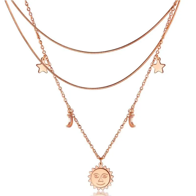Pendanthalsband Fashion Ladies Double Clavicle Chain Sun Moon and Stars Temperament Design Rose Gold Titanium Steel Necklace 3-GX1581