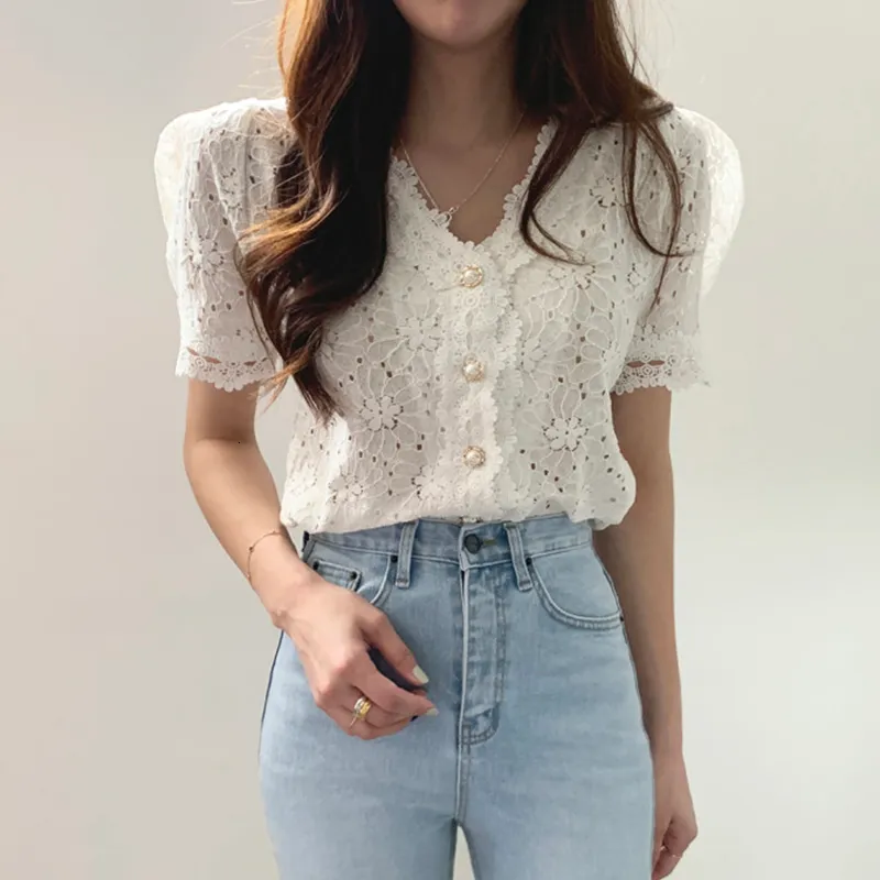 Womens Blouses Shirts Komiyama Hollow Out Hook Floral Lace Blusas Mujer Summer Pearl Button Clothes Women Puff Sleeve Shirt Tops 230509