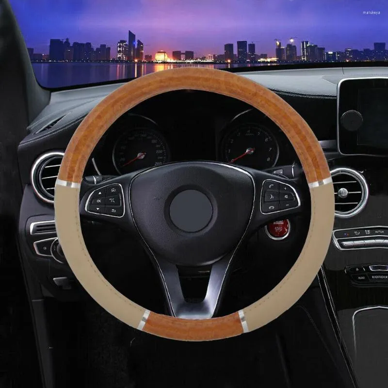 Steering Wheel Covers 1Pc Beige Auto Car Wood Grain Syn Leather Embossed Anti-Slip 37-40cm High Quality Interior Accessories