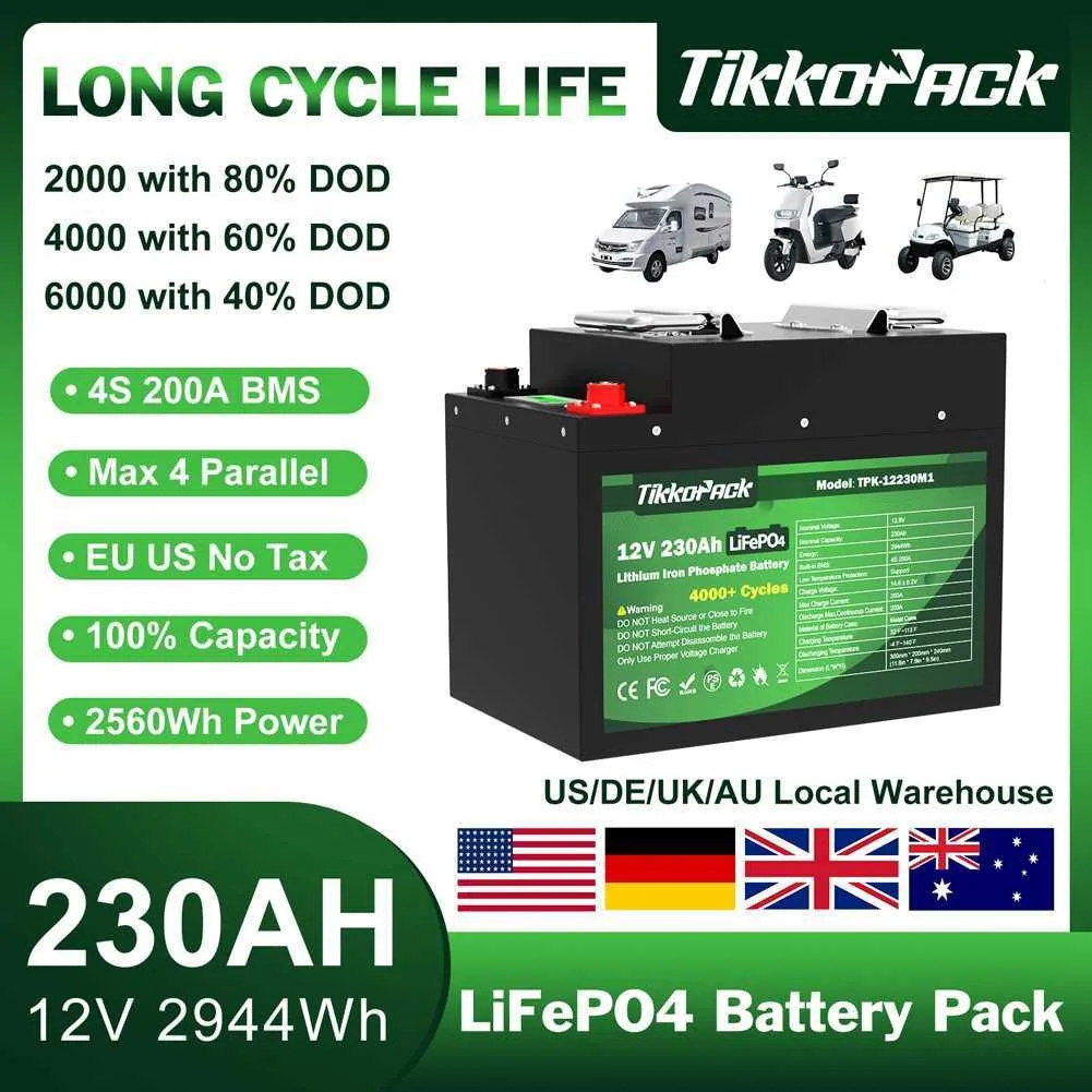 TIKKOPACK 12V 230Ah LiFePO4 Batteria 3KW Batteria agli ioni di litio fosfato con BMS per sistema di energia solare EU US Tax Free