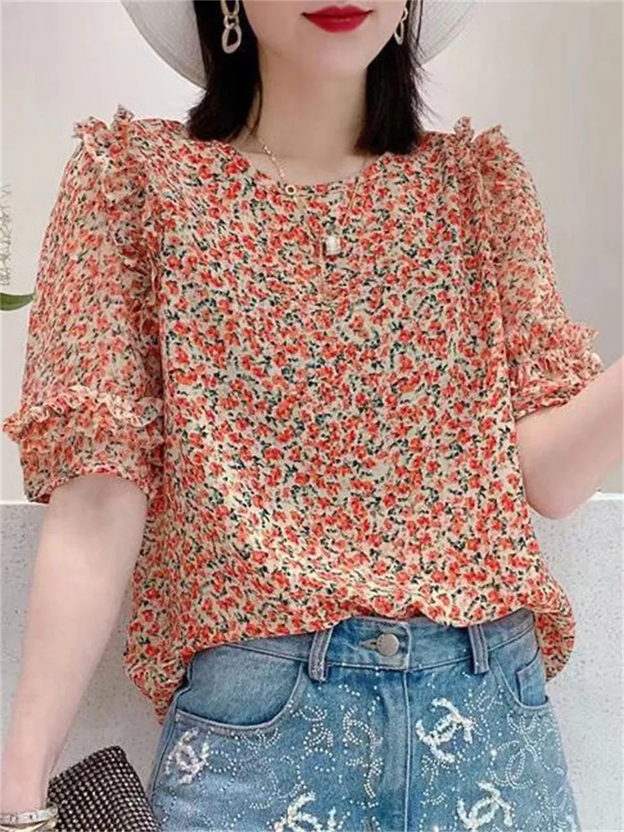 Womens Blouses Shirts Woman Summer Style Tops Lady Casual Short Lantern Sleeve ONeck Simple Flower Printed blusas DF4482 230509