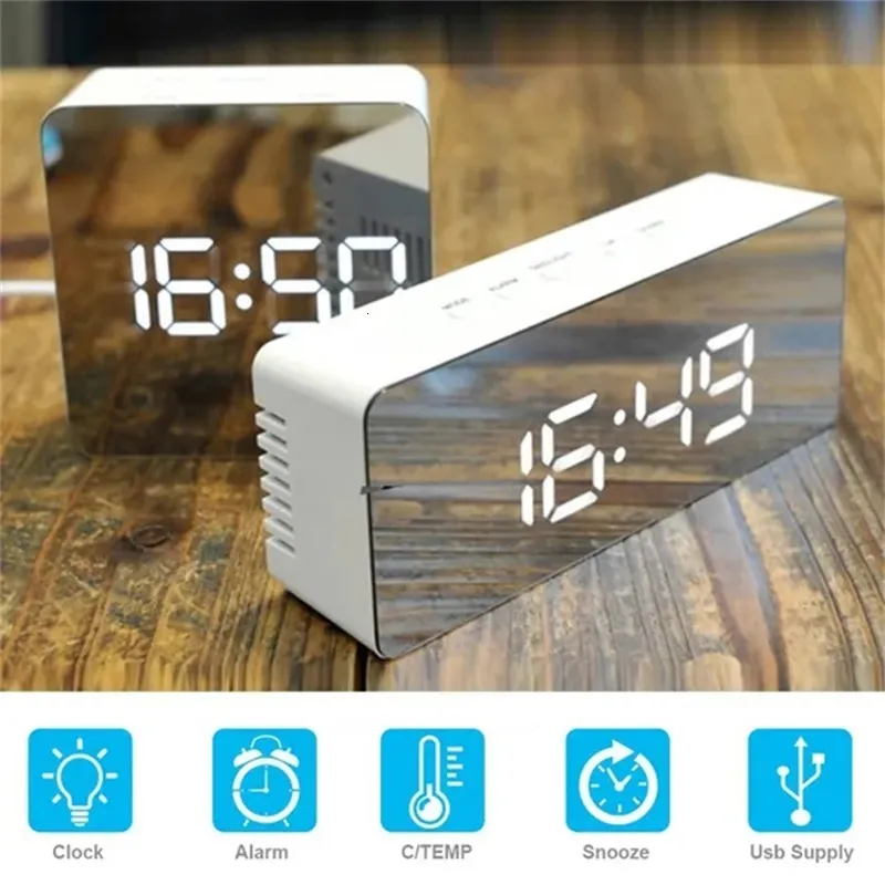 Relógios da mesa Relógios Digital Clock com função de temperatura de escurecimento Adequado para o quarto Bateria de viagens de escritório e espelho de LED alimentado por USB 230508