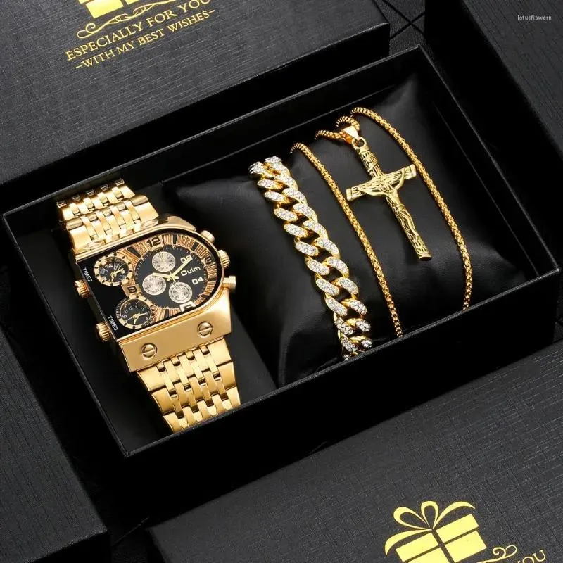 Wristwatches Watches Mens Luxury Golden Diamond Cross Necklace Bracelet Gift Set For Men Business Quartz Wrist Watch Boyfriend