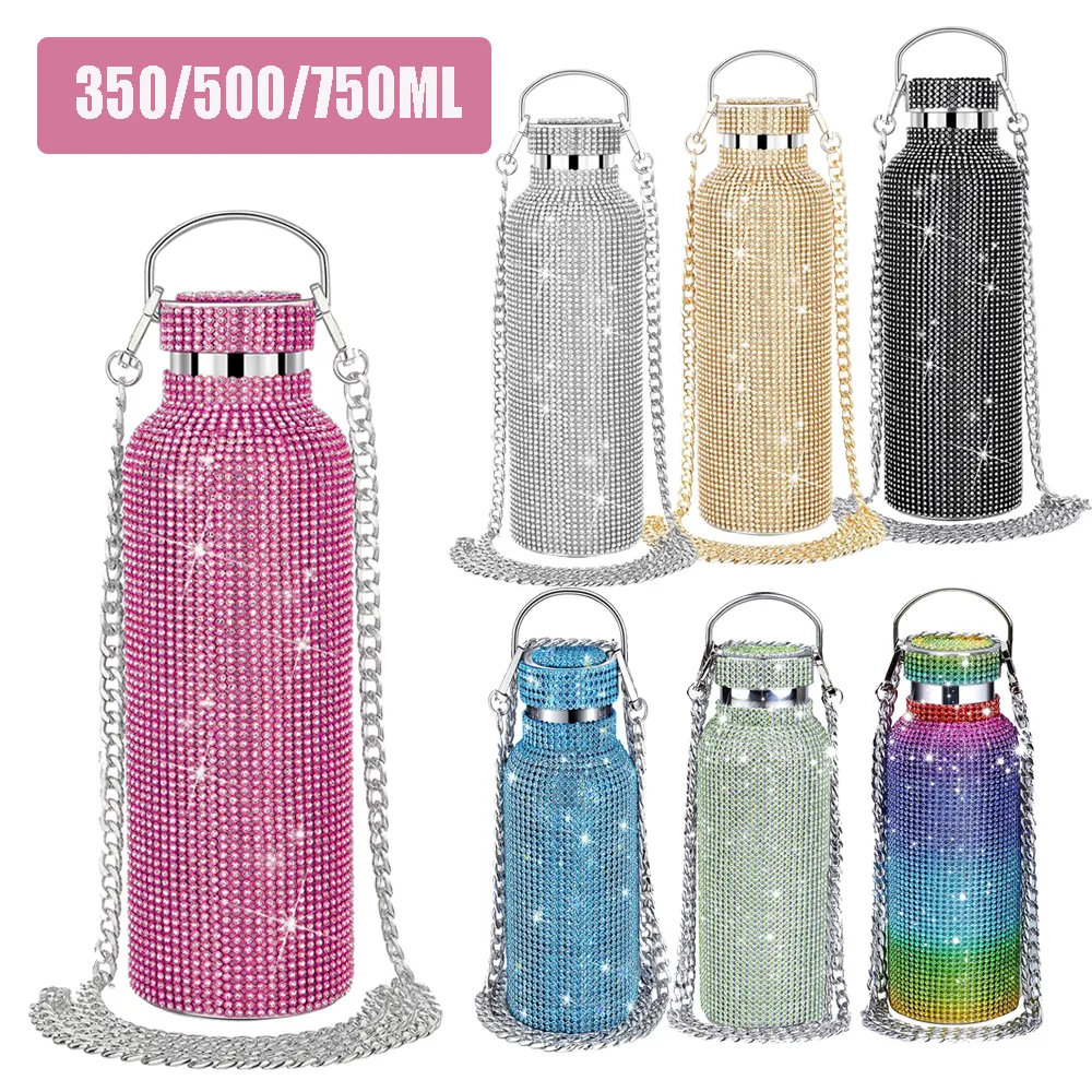 Tumblers Bling Diamond Thermos Bottles Portable Flash Diamond Water Bottle Crossbody Stainless Steel Heat Rod 350ml500ml750ml 230508