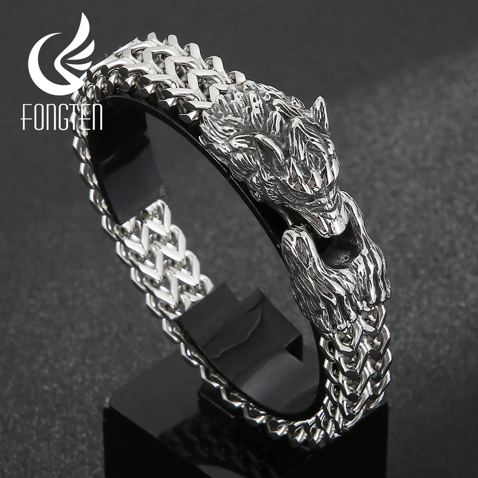 Цепочка Fongten Wolf Head Bearm Punk Bracelet Bracelet Viking Ретро из нержавеющей стали.