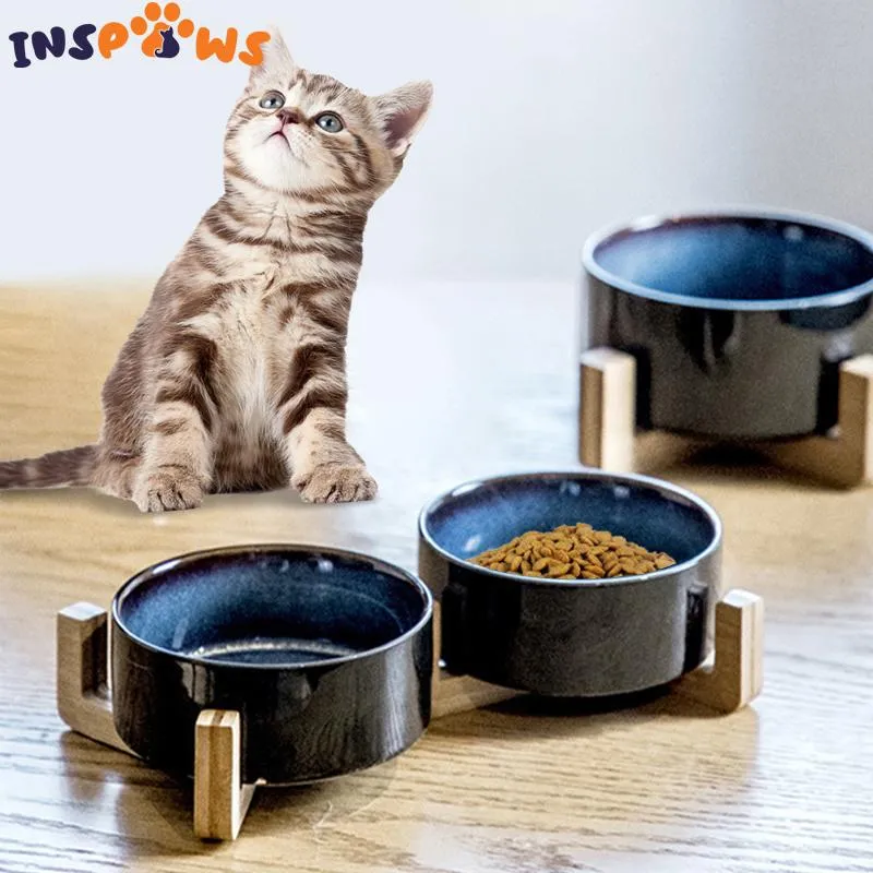 Conjunto de tigela de cerâmica para alimentação de cães, prato com suporte de madeira, tigelas elevadas para gatos, cães de estimação, tigela para alimentação de cães, alimentador de água para gatos com peso