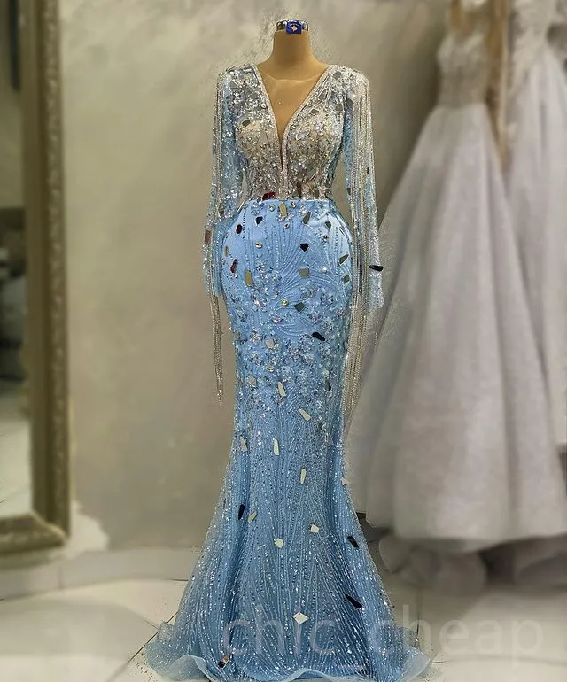 ASO EBI 2023 ARABIC Sky Blue Prom Sukienka Syrenka Syrenka Kryształki Even Formalne przyjęcie Drugi przyjęcie urodzinowe suknie zaręczynowe sukienki szata de soiree sh030