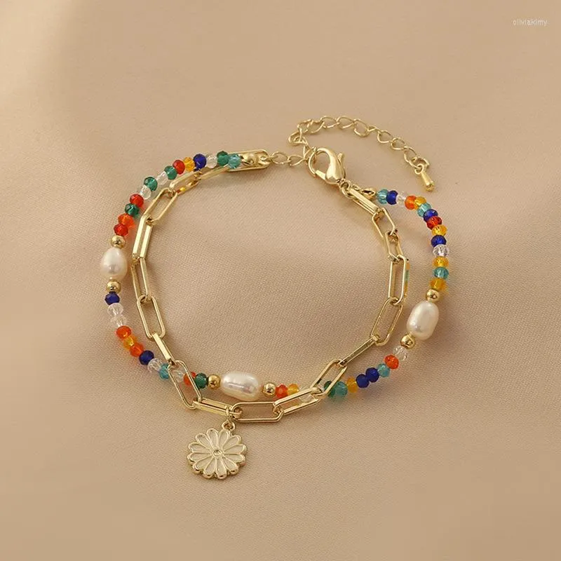 Bracelets à breloques édition coréenne coloré perlé marguerite fleurs bracelet pour femmes frais esthétique romantique douce beauté mode charmes