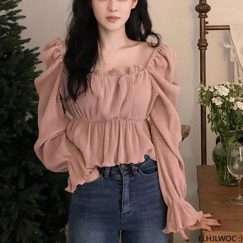 Camicette da donna 2023 Cute Pink Ruffles Peplo Design della Corea Chic Top Giappone Donna Solid Office Lady Party Camicie con spalle scoperte sexy