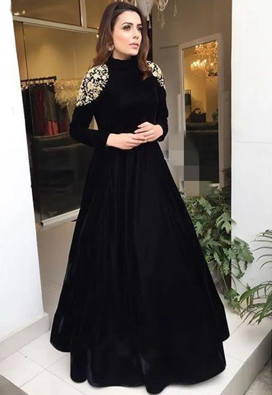 Elegant Abiye Black Long Sleeves Arabic Muslim Evening Dresses 2023 Lace Applique A Line Floor Length Dress Robe de soiree