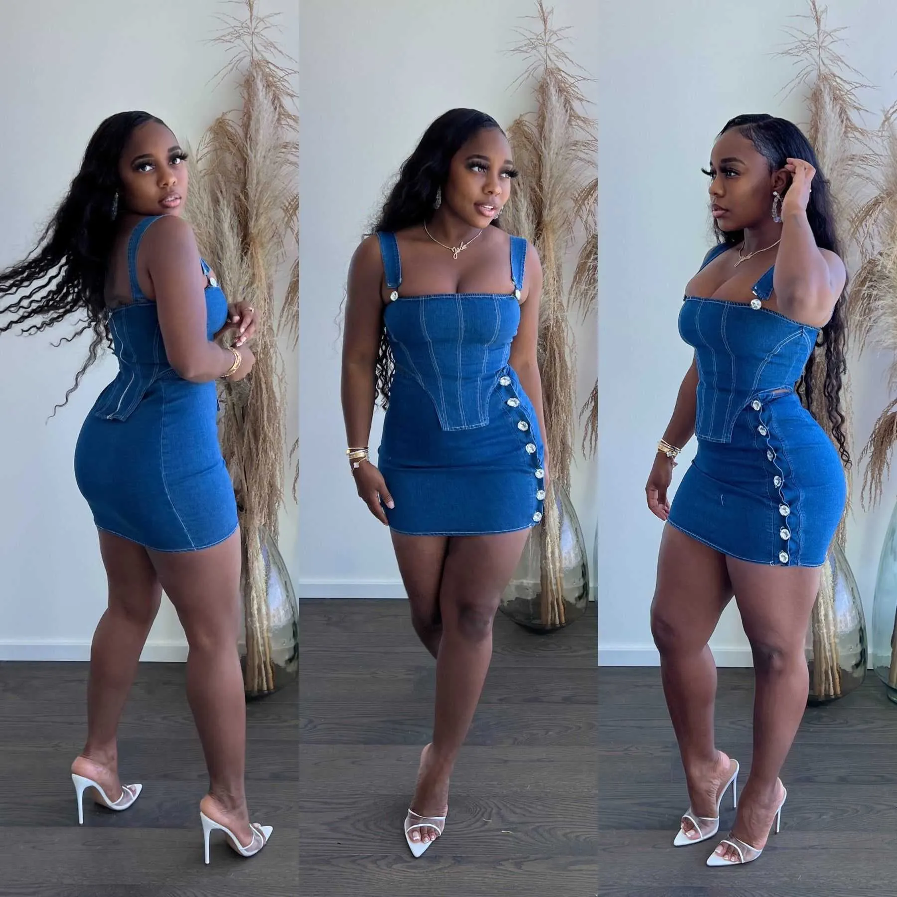 Zweiteiliges Kleid Echoine Summer Denim Strap Crop Top und Minirock Zweiteiliges Set Skinny Bodycon Sexy Clubwear Outfits Side Button Rock Suit J230506