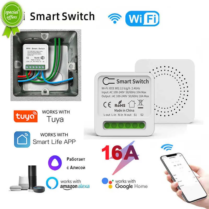 Novo 16a WiFi Mini Smart Switch sem fio interruptores sem fio interruptores DIY Control Smart Home para Tuya Smart Life Ewelink Alexa Alice Homekit