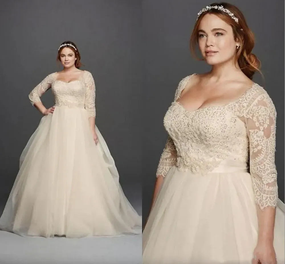 Plus Size 2023 Nuovi abiti da sposa Oleg Cassini maniche a 3/4 in pizzo con bottoni ricoperti di lunghezza Gloor Abiti da sposa moda principessa