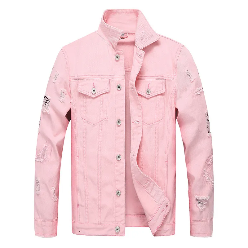 Men's Jackets Men Red Pink Denim Jackets Outerwear Jean Coats Spring Autumn Male's Holes Jackets Men Ripped Slim Fit Denim Outdoor Jackets 230509