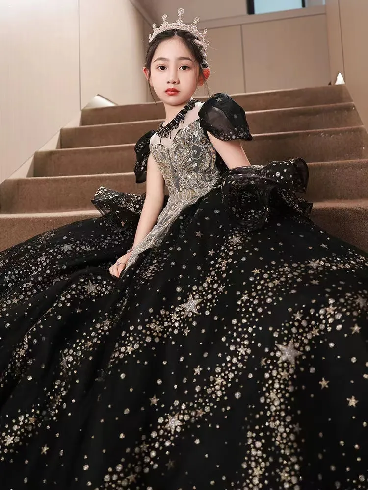 Gold Appliques Black Flower Girls Dresses for Wedding Party Long Train  Tulle Beautiful High Low Girls