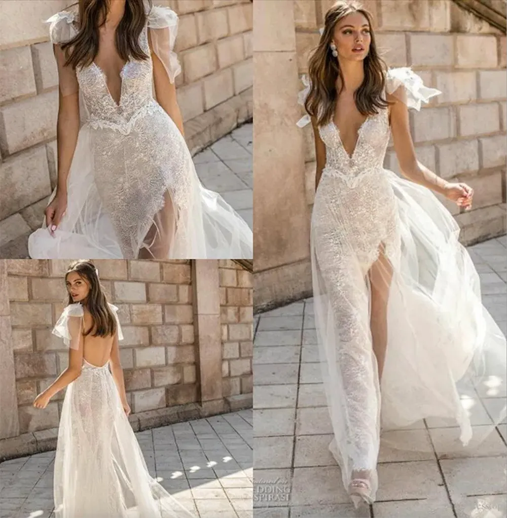 Muse by Berta Mermaid Dresses V Neck Backless Lace Bruidal Jurken Hoge Slit Bekleed door strand trompet Wedding Jurk Custom