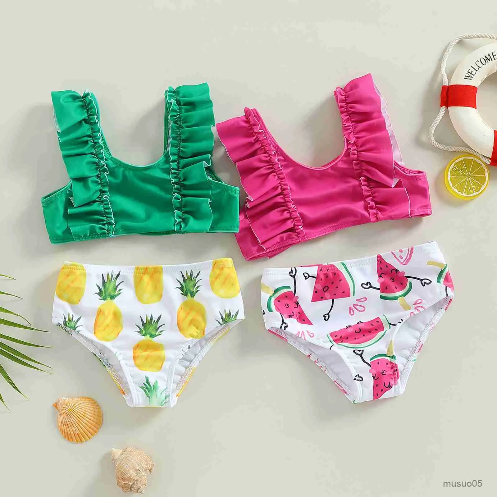 Bikini estivo da bambina in due pezzi, top senza maniche, slip con stampa anguria/ananas