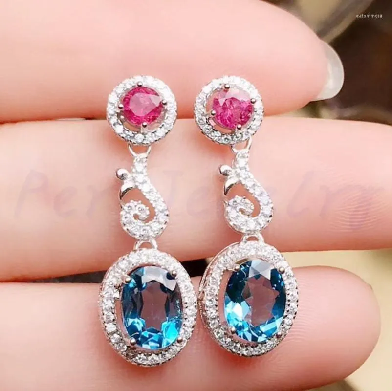 Dangle Küpeler Doğal Topaz Damla Küpe Otantik Mavi Pembe 925 STERLING Gümüş Güzel Takı 1CT 2 PCS TEŞİ #R98803