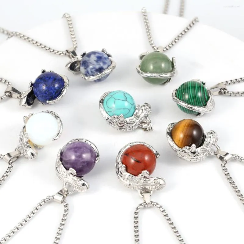 Pendant Necklaces Natural Stone Pendants Necklace Ball Shape Healing Crystal Agate Lizard Alloy Stainless Steel Chain For Jewelry Gift