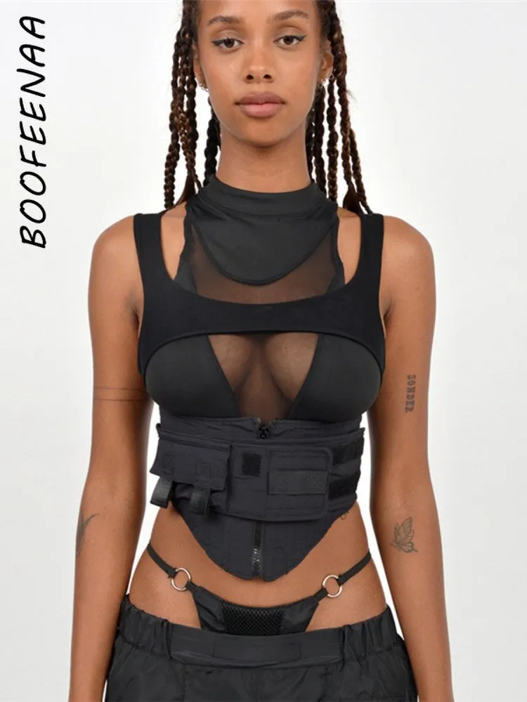 Kadın Tankları Camis Boofeenaa Street Moda Seksi Siyah Kırpılmış Tank Top Mesh Patchwork Techwear Sleeless Tshirts Kadınlar İçin C87-EZ25 230510
