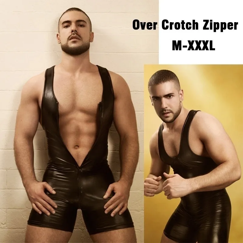 Herrtankstoppar män underkläder bodysuit kostymer klubbkläder svart sexig faux läder dragkedja öppen byst stretch tight erotic catsuit fetisch gay 230509