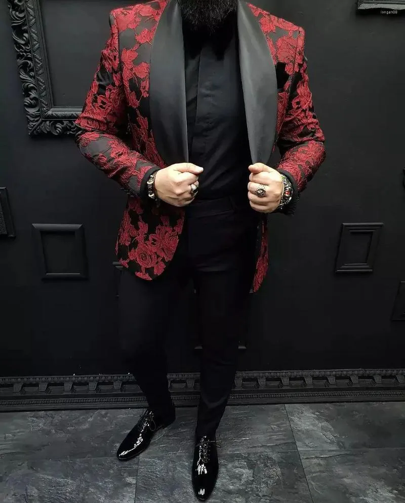 Men's Suits Red Fashion Jacquard Men' S Suit 2 Pieces Blazer Black Pants One Button Satin Sheer Lapel Slim Fit Business Modern Wedding