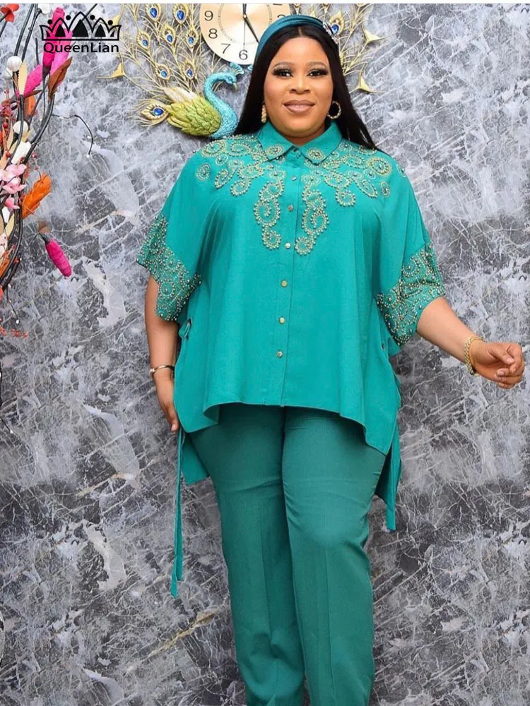 Ethnische Kleidung 6 Farben Afrikanische Hohe Menge Original Anzug Hemdkragen mit Perlen Pailletten Top Hosen für FrauenDZ1 230510
