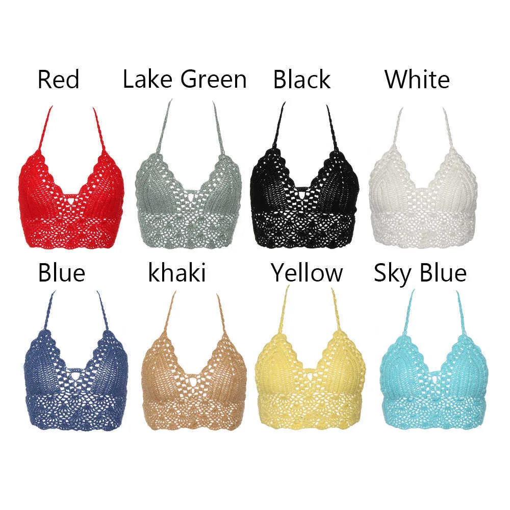 Women's Tanks Camis New Sexy Bikini Crop Top Crochet Boho Beach Camisoles Bikini Bralette Halter Cami Knitted Bra Women Backless Beachwear Tank Top Z0510