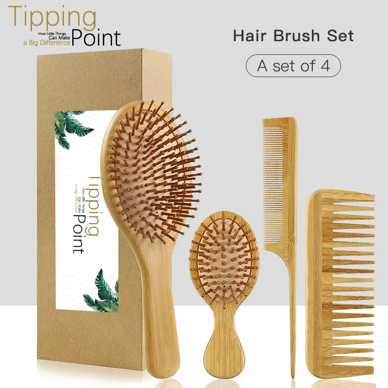 Hair Brushes 4 Buah Set Sisir Bambu Sikat Kayu Alami Rambut Detangle Anti statis Pijat Kulit Kepala Wanita untuk Perawatan Sehat 230510