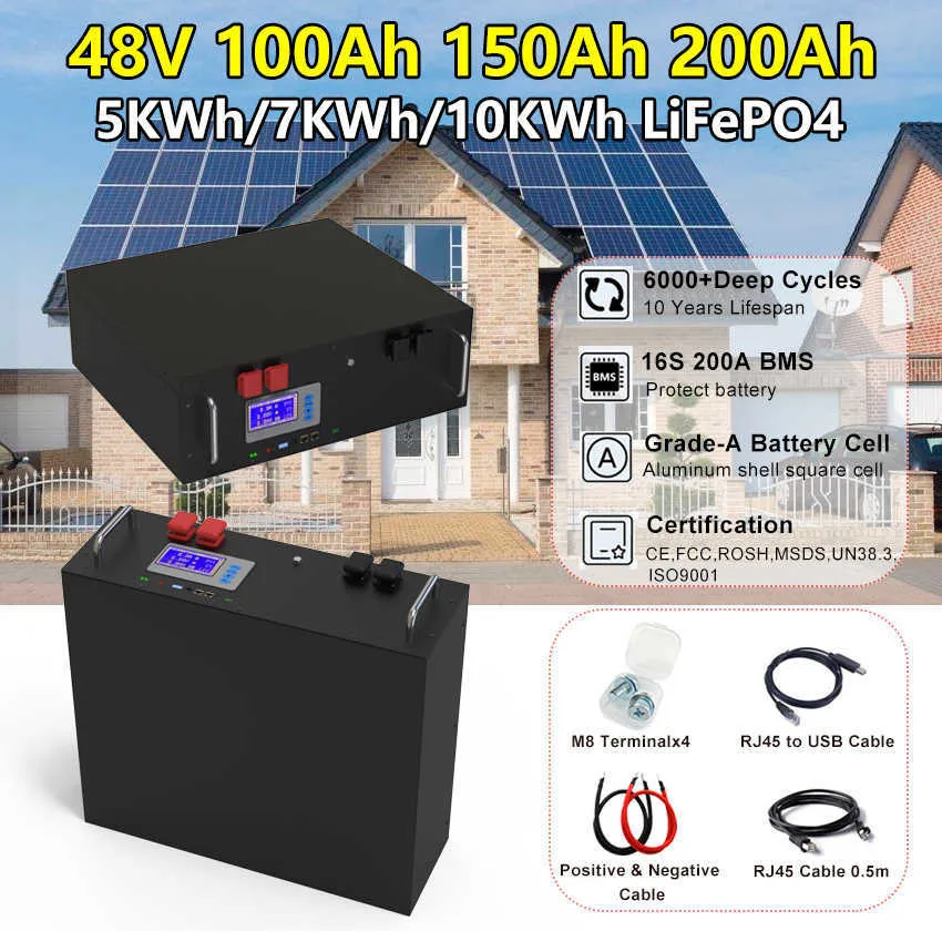 48V 200Ah 150Ah LiFePO4-Akkupack 51,2V 10kWh 100% Kapazität mit RS485-CAN-Kommunikation zur Stromspeichersicherung