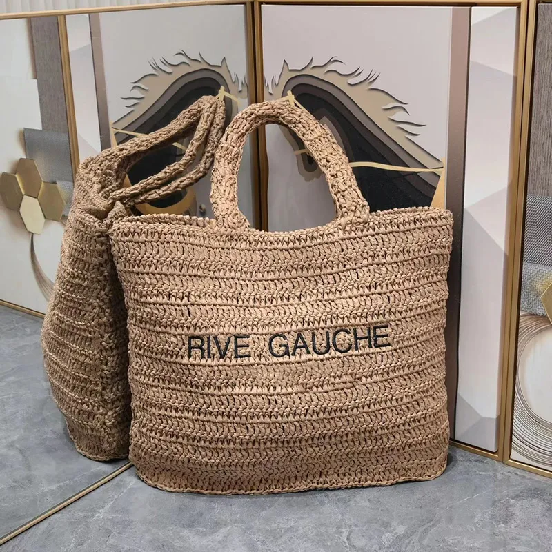 Damen-Designer-Bast-gewebte Strohtaschen Rive Gauche Tote-Geldbeutel Große Kapazität Strandparty Urlaubsgepäck Beige Braun Outdoor-Modetrends Tasche 44X35X13CM