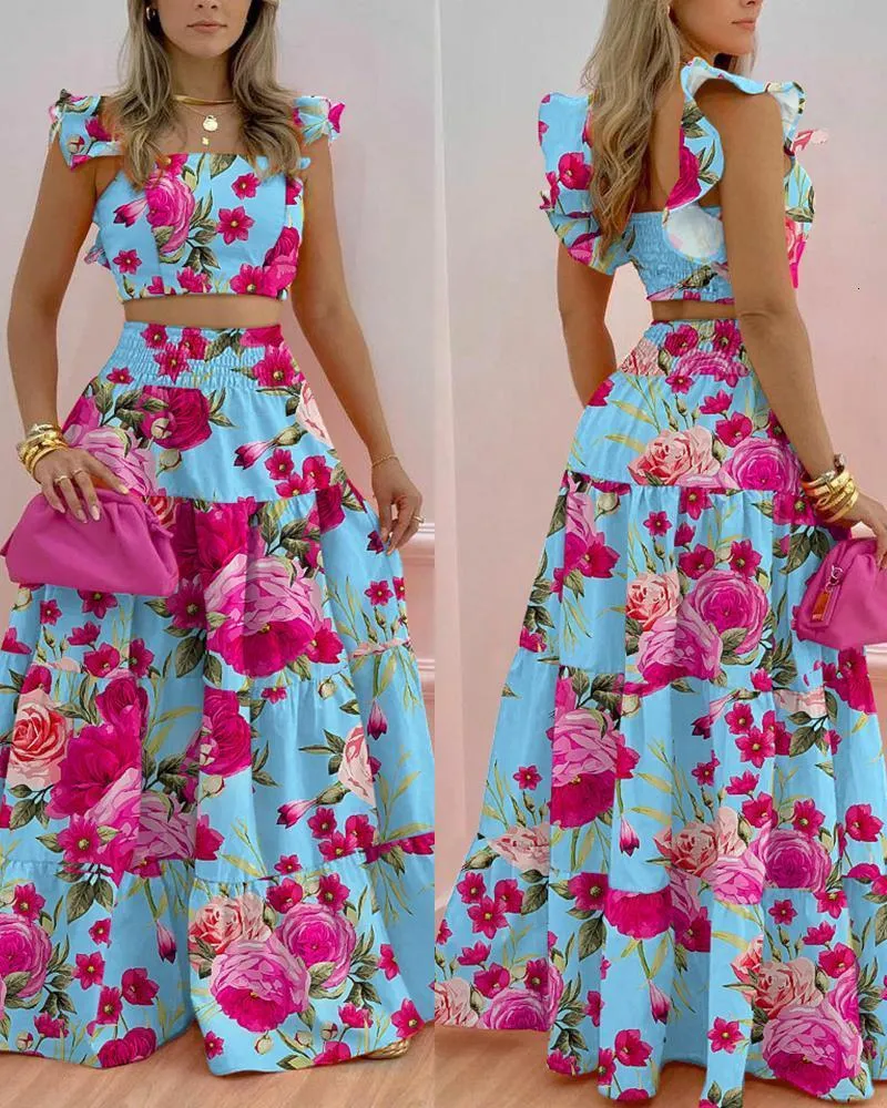 Tweede stukjurk Floral Print Shirred Crop Top Maxi Rokset vrouwen 2 stks kledingpak mode casual sexy lente zomer korte mouw 230509