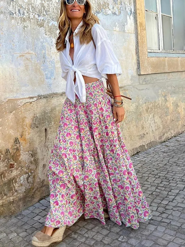 Spódnice WIEKRYNK Modna kwiatowy druk Kobiety Summer Vintage Elegancki wysoki elastyczna talia długa boho swobodna żeńska aline 230509