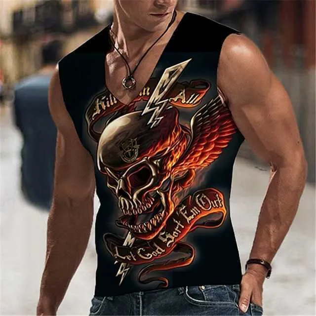 RUKAS Sleeveless T-shirt Sleeveless Men's Skull Graphic V-Neck Clothing 3D Printing Sports Running Sleeveless 3D Printing Original Pattern Daily Muscle