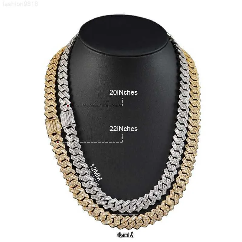 S925 Hip Hop Bijoux 12mm Baguette Diamant Collier Plaqué Or 18k Vvs Moissanite Bracelet 925 Argent Glacé Cubain Lien Chaîne