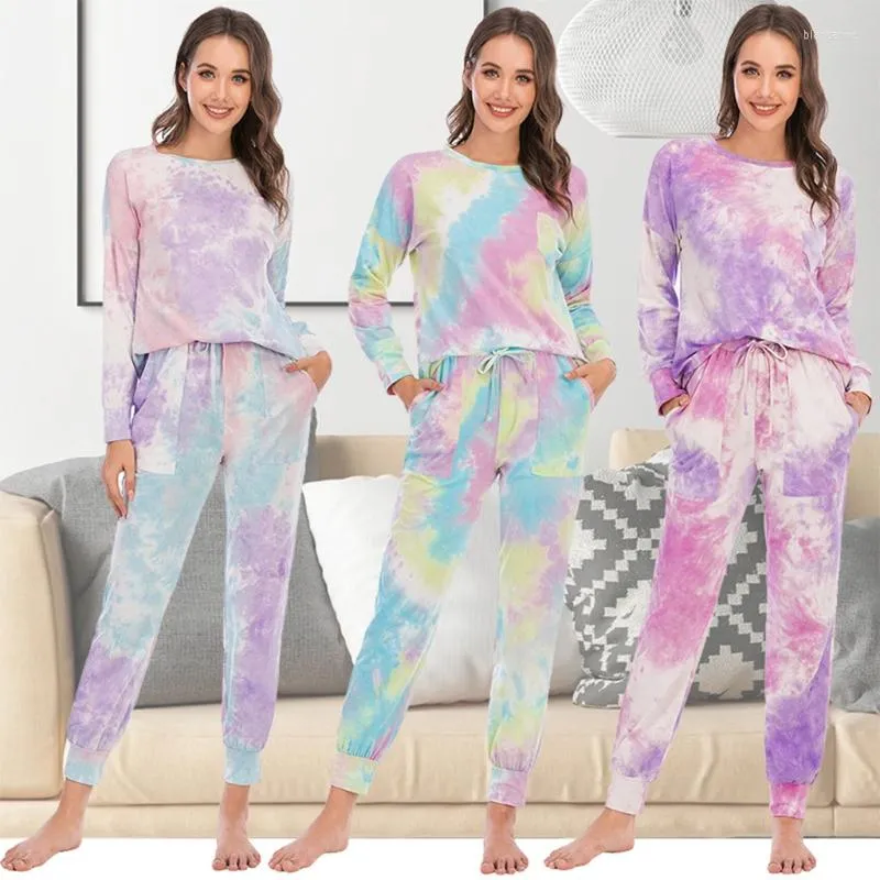 Damen zweiteilige Hose Damen Gradient Tie-Dye Pyjama Set Langarm Pullover Oberteile Kordelzug Taschen Jogger Lounge Nachtwäsche Trainingsanzug