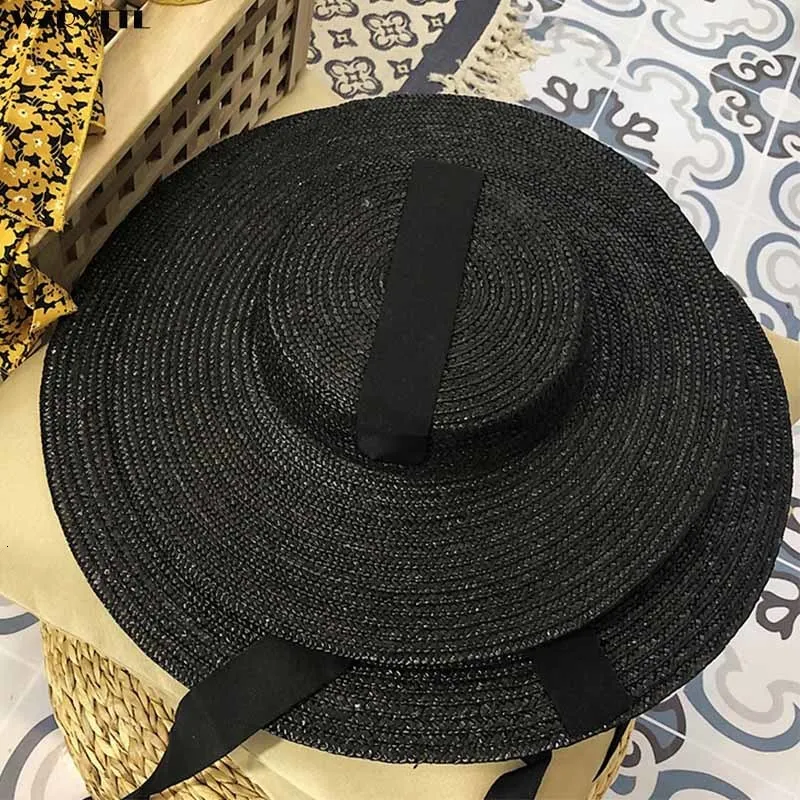 Шляпа шляпы широких краев ведро ручной работы черная натуральная солома для мужчин Женщины повязки лента