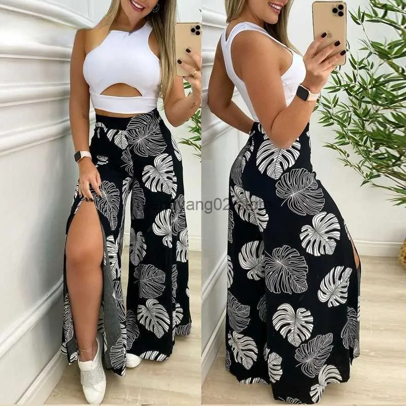 Two Piece Dress Summer Suit Women Solid Cut-out Tank Top Tropical Print Split Wide Leg Pants Set T230510