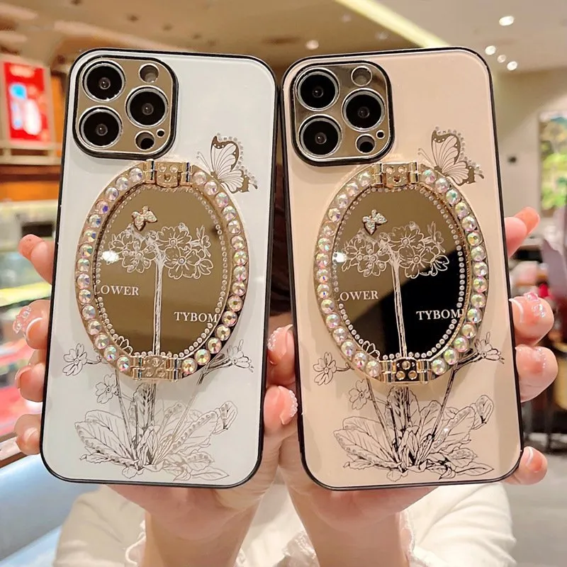 Luxury Pearl Mirror Flower Suporte de telefone Caso para iPhone 14 13 12 11 Pro Max Fashion Chofsof Coup