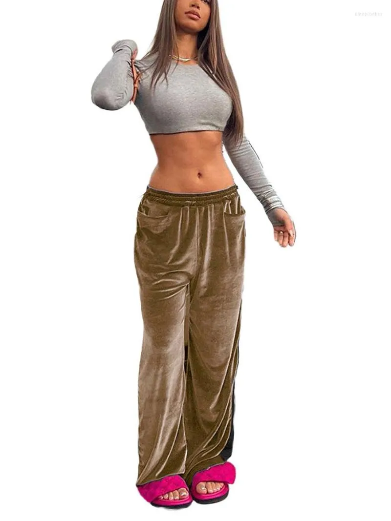 Women's Pants Women's Casual Sports Straight Soft Velvet Elastic High Waist Solid Loose Mopping Trousers With Pockets Light Brown Grey