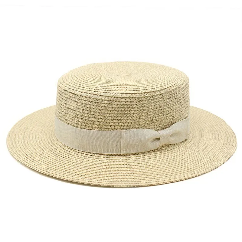 Koreansk version av New Women's Outdoor Sun Protection Hat, Sun Hat, Seaside Shade Travel Flat Top Bow Straw Hat