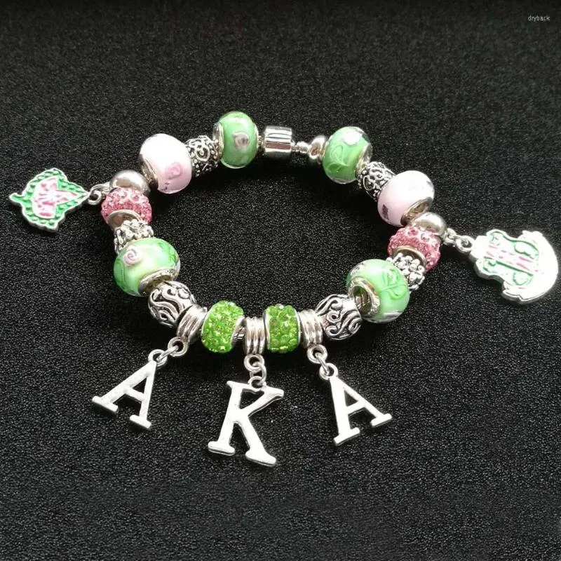 Strand handgjorda grekiska sorority rosa gröna kristallarmband vit bokstäver karta sköld utrustningar hänge charm original armband