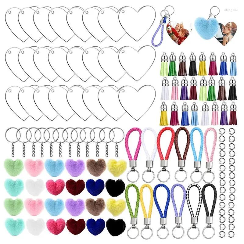 Schlüsselanhänger 126-teiliges Schlüsselanhänger-Set mit transparenten Acrylrohlingen, Leder-Lanyards, Plüsch-Charm, Quasten, Anhänger für DIY-Vinyl-Handwerk